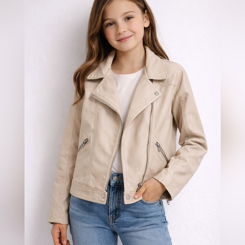 Zara Girl Beige Faux Leather Biker Jacket Size 10 Youth Girl